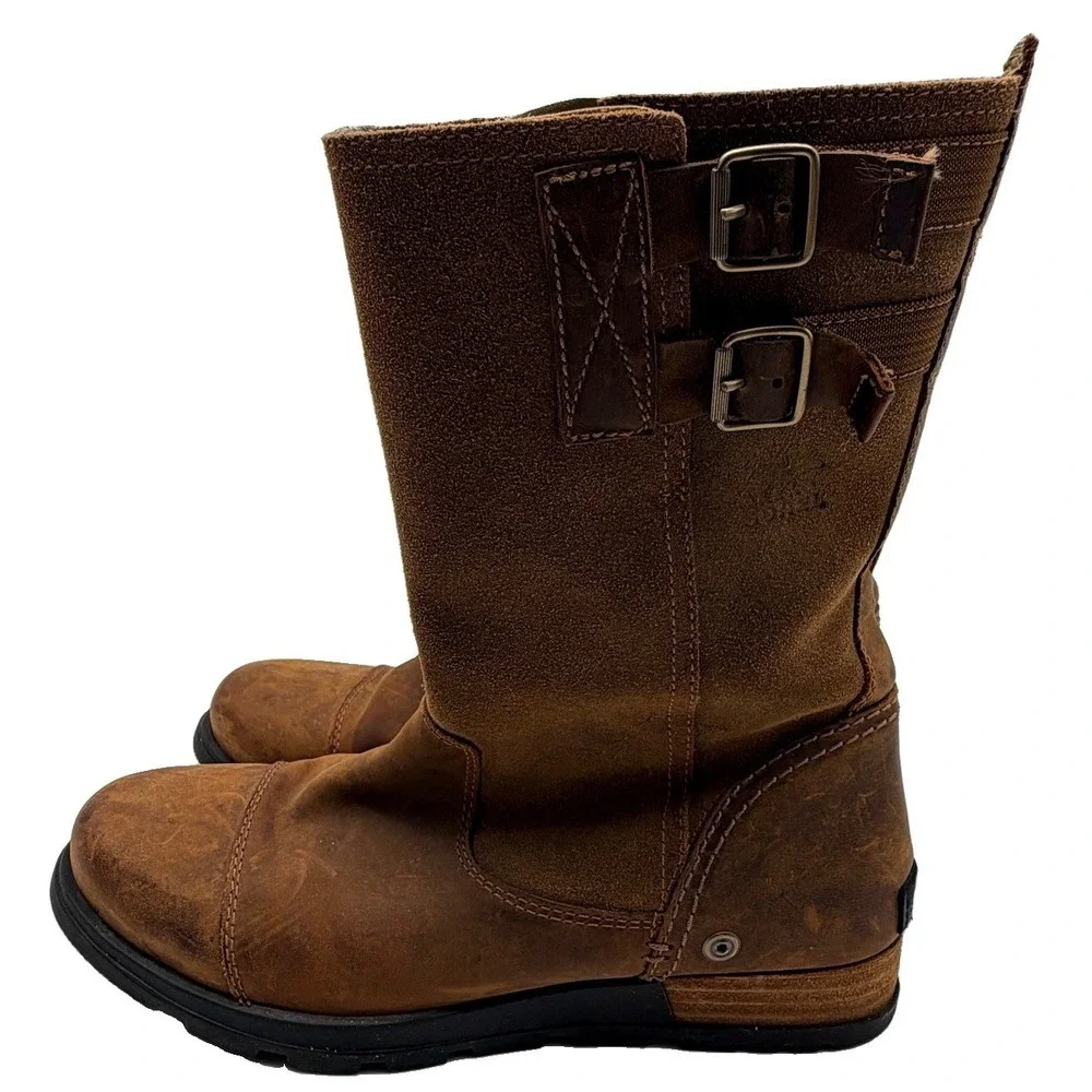 Sorel Boots Women 9.5 Brown Major Pull On Leather Snow Rustic Mid Calf Buckle